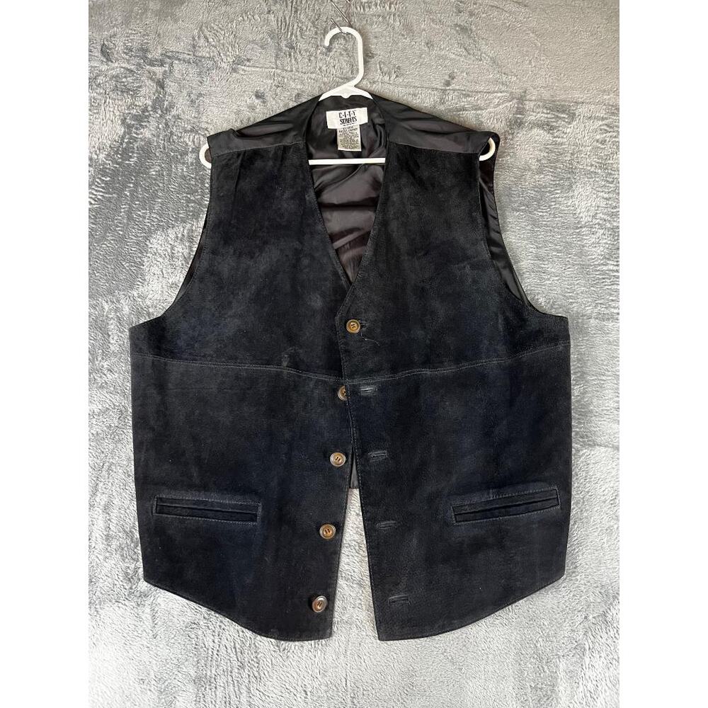 City Streets Men's Genuine Leather Vest XL Black Button Front Classic Western